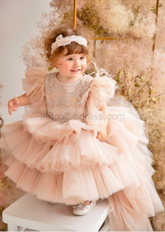 Pearl Beaded Lace Tulle High Low Flower Girl Dress